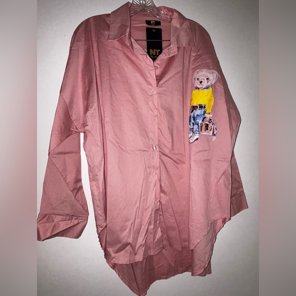 Pink Button-Up Shirt with Bear Print
